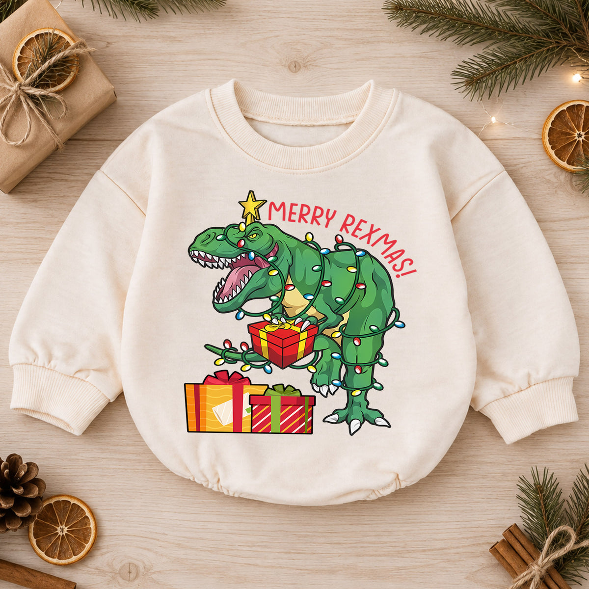 Merry Rexmas Christmas Romper, T Rex Holiday Baby Romper, Dinosaur Christmas Toddler Romper, Funny Dino Xmas Outfit Gift — product view 1