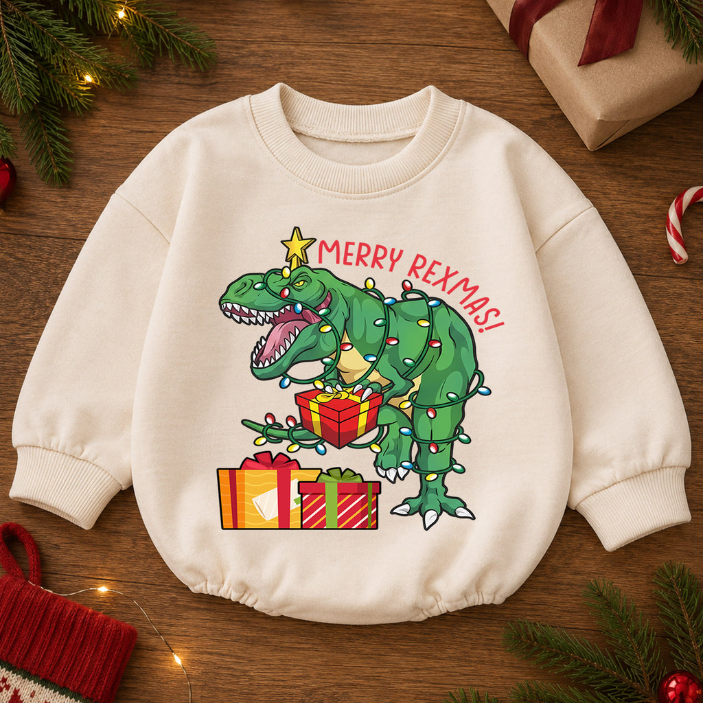 Merry Rexmas Christmas Romper, T Rex Holiday Baby Romper, Dinosaur Christmas Toddler Romper, Funny Dino Xmas Outfit Gift — product view 2