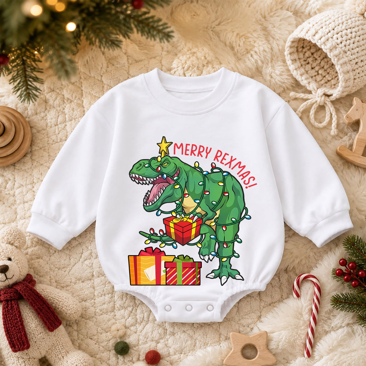 Merry Rexmas Christmas Romper, T Rex Holiday Baby Romper, Dinosaur Christmas Toddler Romper, Funny Dino Xmas Outfit Gift — product view 3