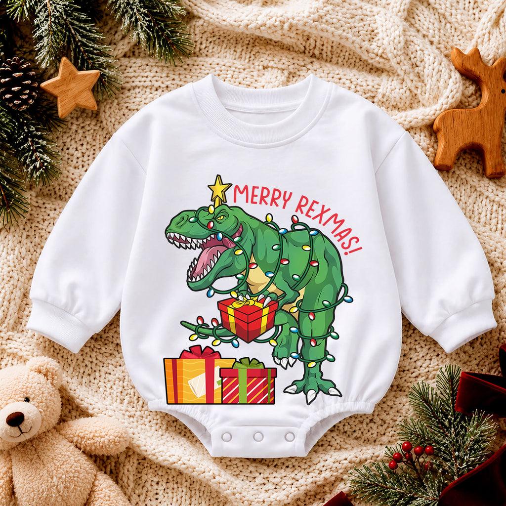 Merry Rexmas Christmas Romper, T Rex Holiday Baby Romper, Dinosaur Christmas Toddler Romper, Funny Dino Xmas Outfit Gift — product view 4