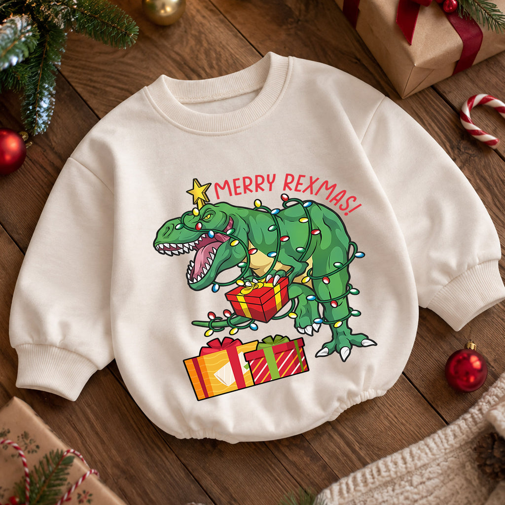 Merry Rexmas Christmas Romper, T Rex Holiday Baby Romper, Dinosaur Christmas Toddler Romper, Funny Dino Xmas Outfit Gift — product view 5