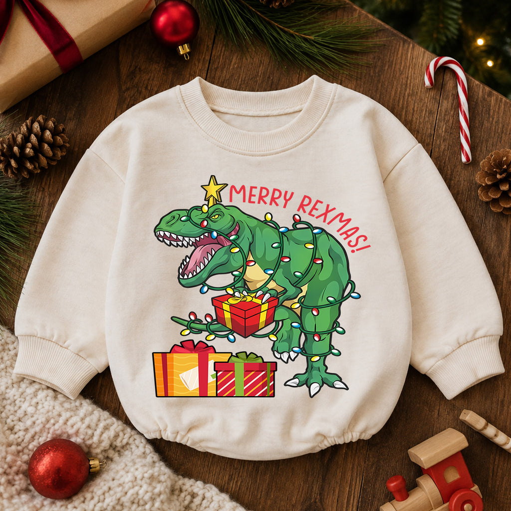Merry Rexmas Christmas Romper, T Rex Holiday Baby Romper, Dinosaur Christmas Toddler Romper, Funny Dino Xmas Outfit Gift — product view 6