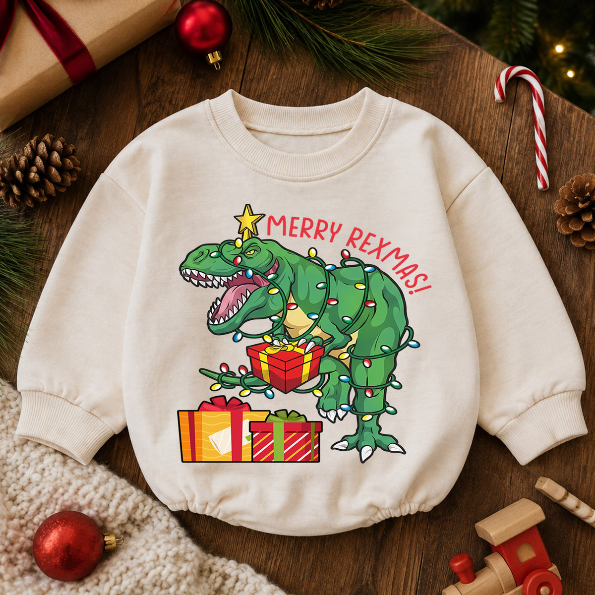 Merry Rexmas Christmas Romper, T Rex Holiday Baby Romper, Dinosaur Christmas Toddler Romper, Funny Dino Xmas Outfit Gift — product view 6
