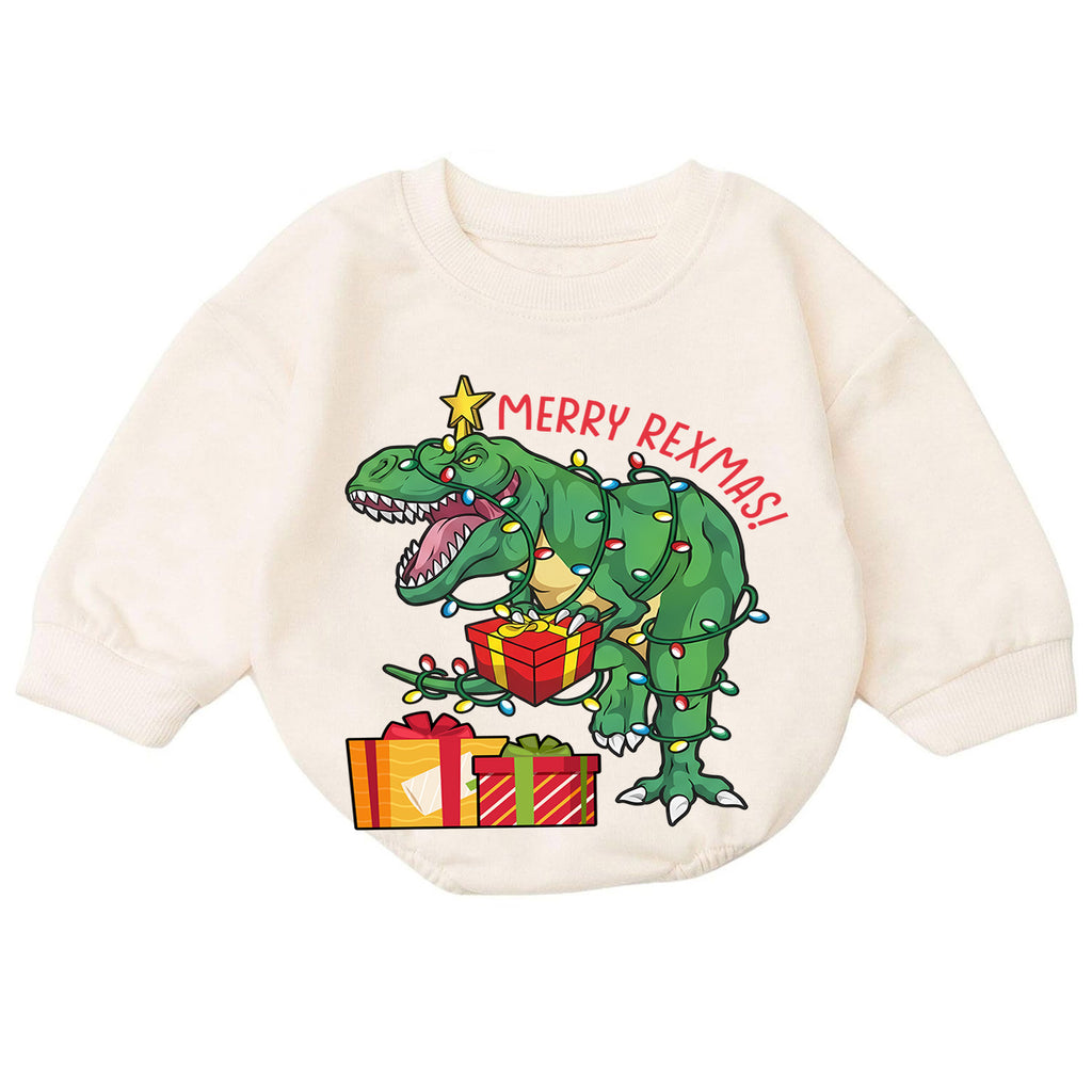 Merry Rexmas Christmas Romper, T Rex Holiday Baby Romper, Dinosaur Christmas Toddler Romper, Funny Dino Xmas Outfit Gift — product view 7
