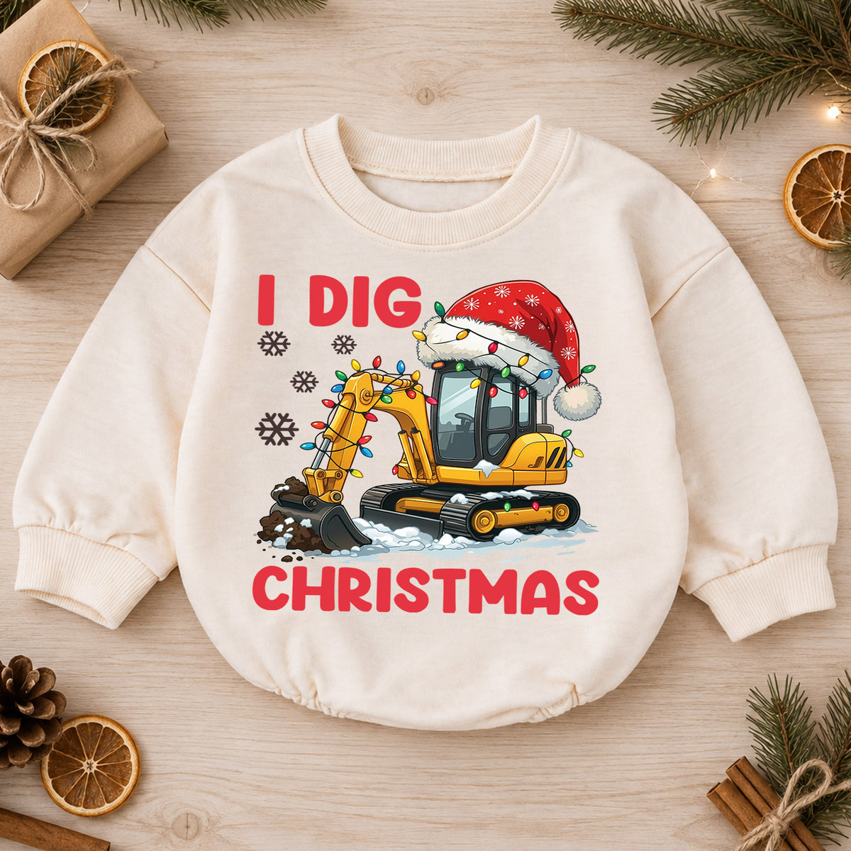 Construction Christmas Baby Romper, Excavator Holiday Outfit for Toddler Boy, I Dig Christmas Romper, Cute Baby Xmas Gift — product view 1