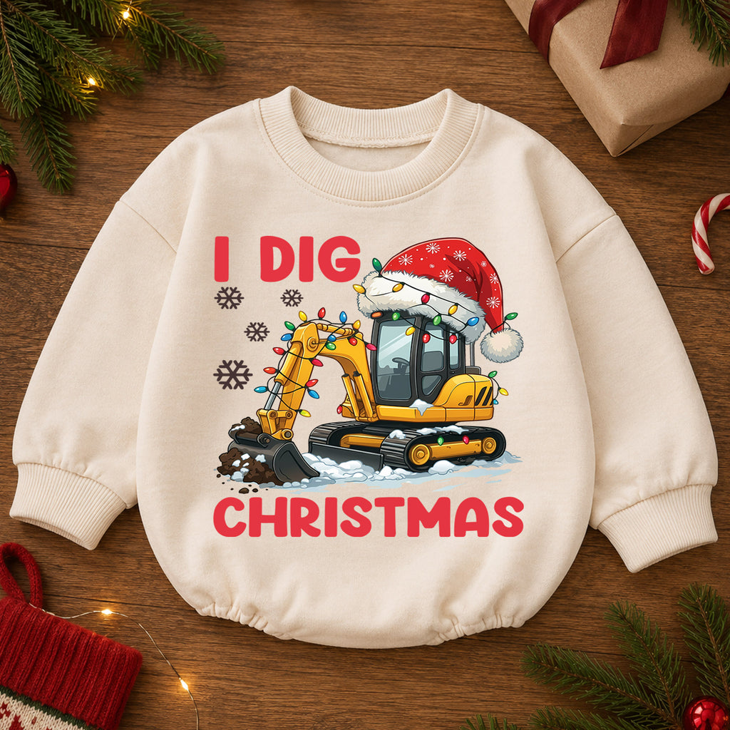 Construction Christmas Baby Romper, Excavator Holiday Outfit for Toddler Boy, I Dig Christmas Romper, Cute Baby Xmas Gift — product view 2