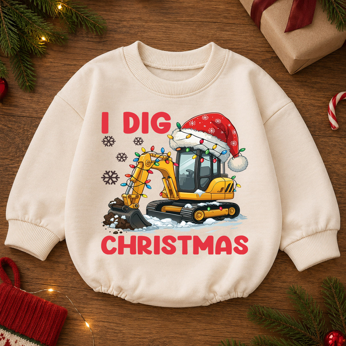 Construction Christmas Baby Romper, Excavator Holiday Outfit for Toddler Boy, I Dig Christmas Romper, Cute Baby Xmas Gift — product view 2