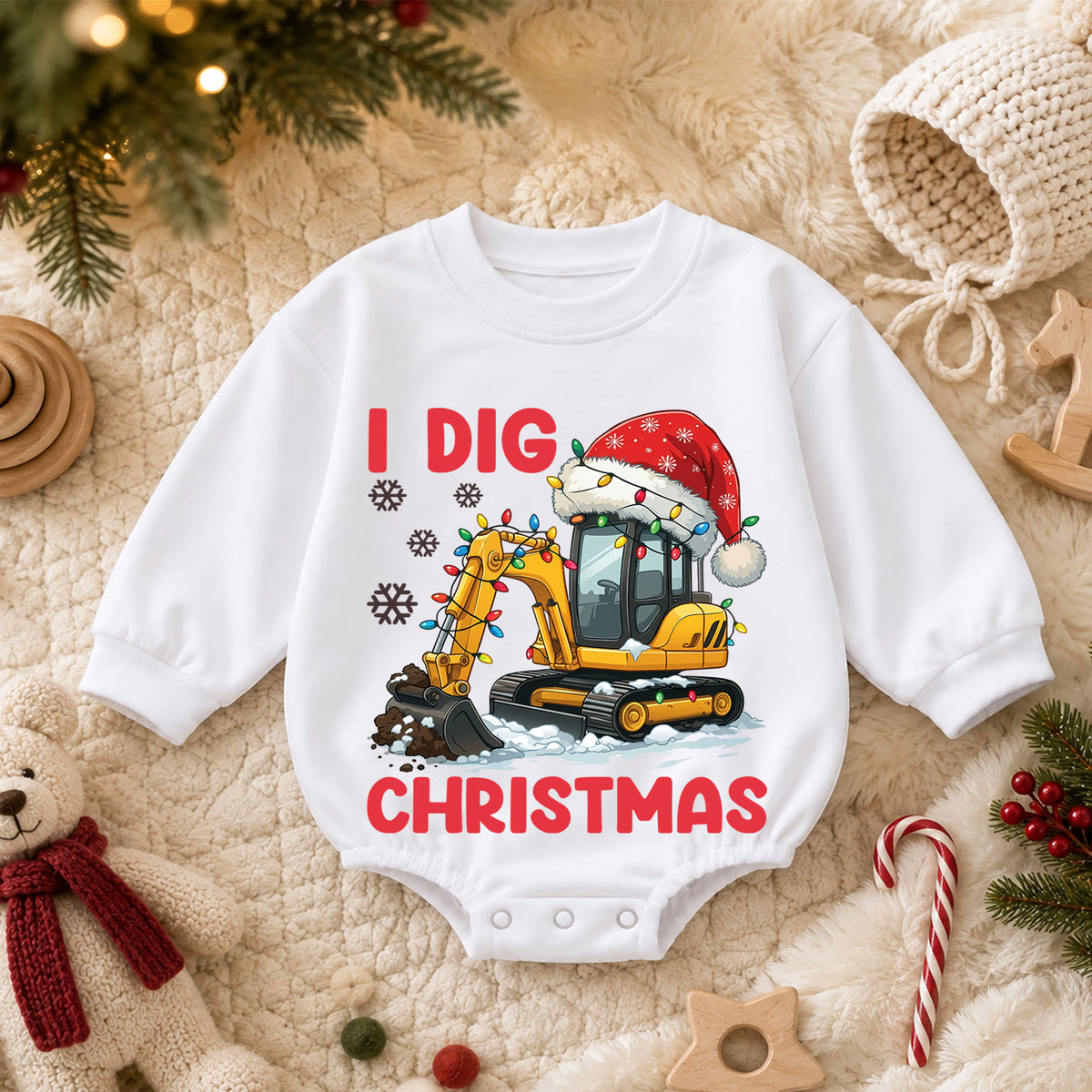 Construction Christmas Baby Romper, Excavator Holiday Outfit for Toddler Boy, I Dig Christmas Romper, Cute Baby Xmas Gift — product view 3