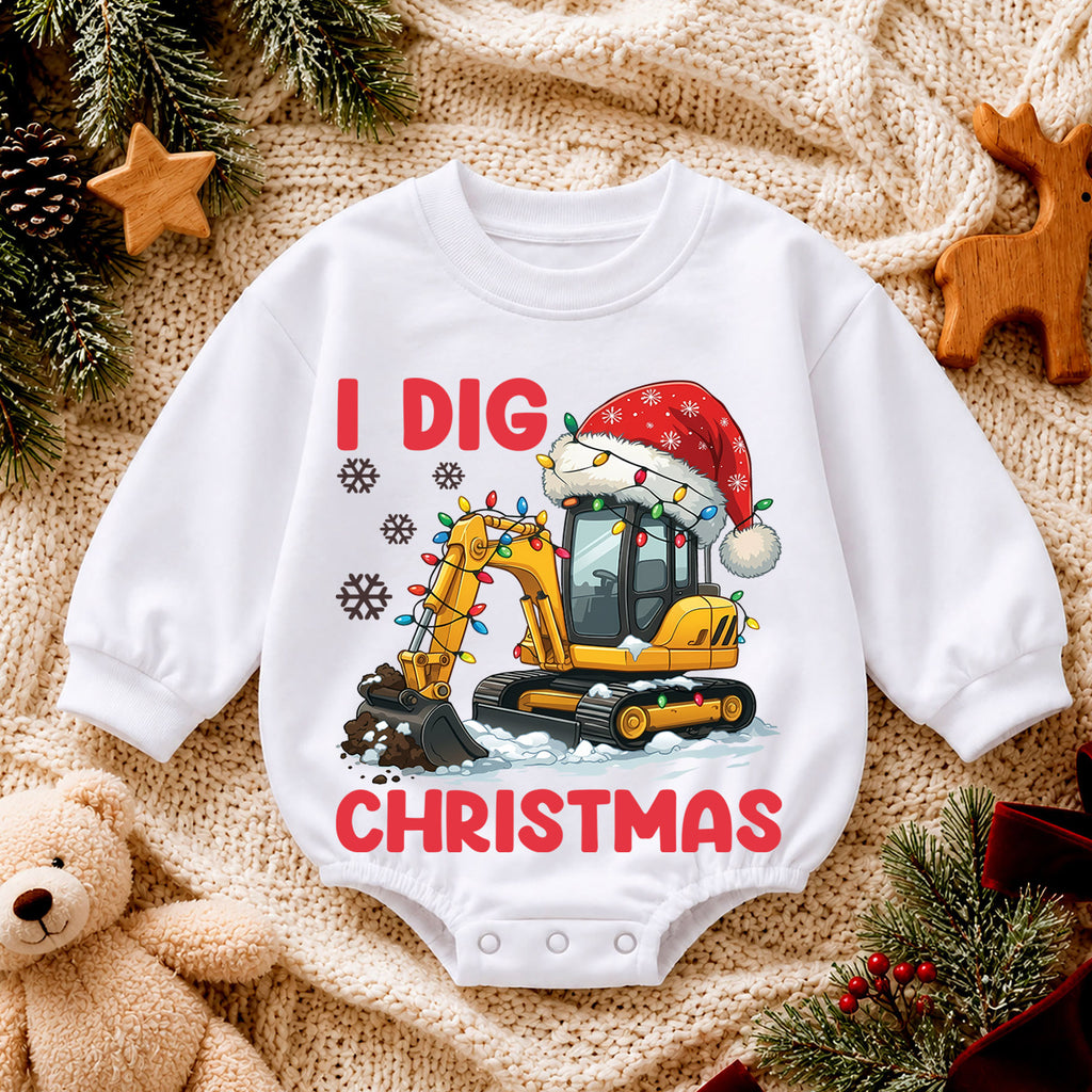 Construction Christmas Baby Romper, Excavator Holiday Outfit for Toddler Boy, I Dig Christmas Romper, Cute Baby Xmas Gift — product view 4