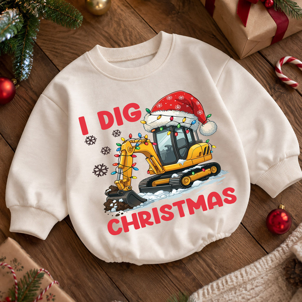 Construction Christmas Baby Romper, Excavator Holiday Outfit for Toddler Boy, I Dig Christmas Romper, Cute Baby Xmas Gift — product view 5