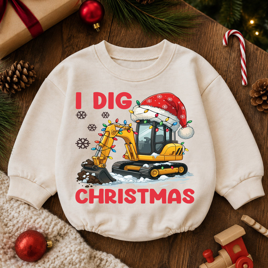 Construction Christmas Baby Romper, Excavator Holiday Outfit for Toddler Boy, I Dig Christmas Romper, Cute Baby Xmas Gift — product view 6