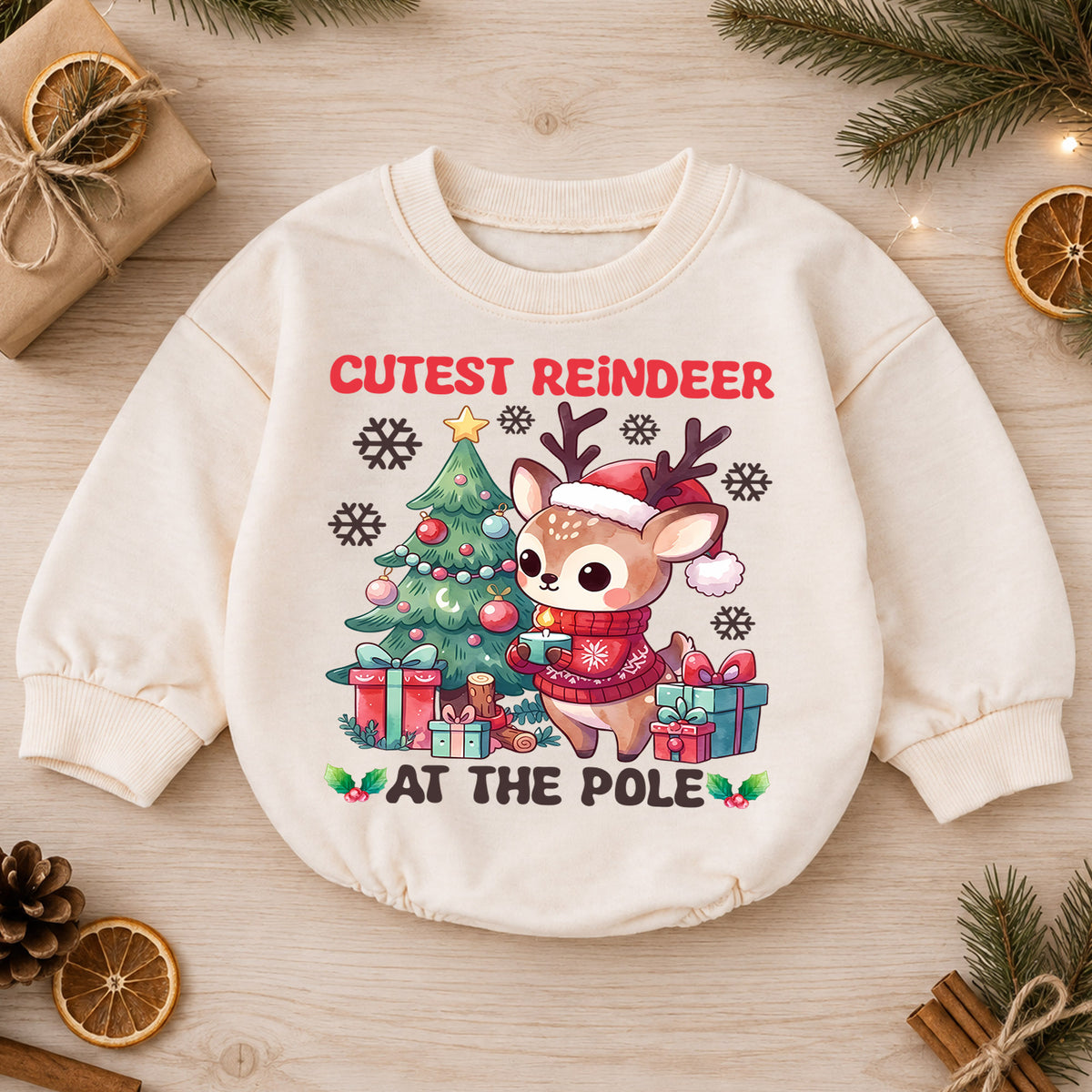 Cutest Reindeer Christmas Baby Romper, North Pole Reindeer Holiday Outfit, Cute Deer Toddler Christmas Romper, Festive Xmas Gift — product view 1