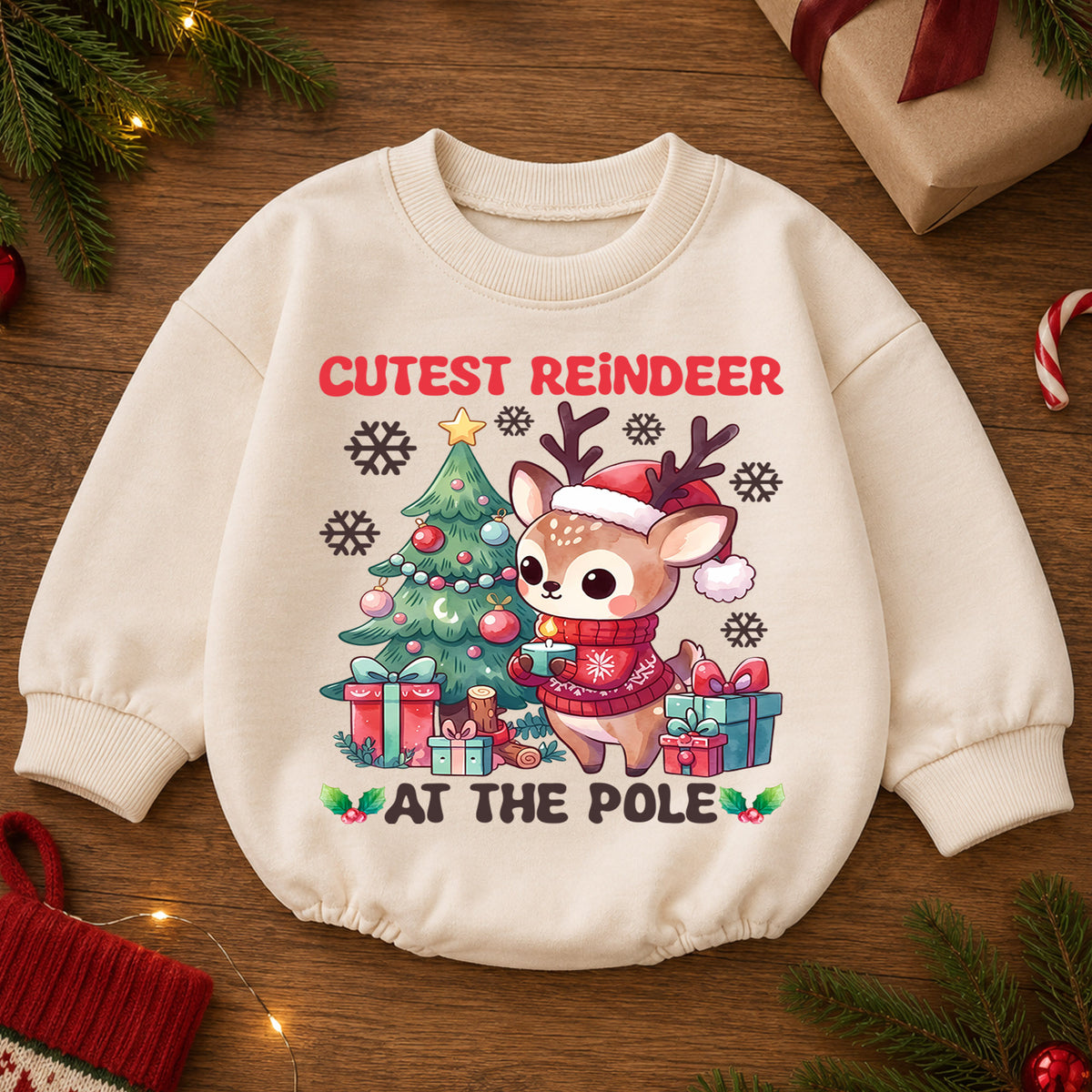 Cutest Reindeer Christmas Baby Romper, North Pole Reindeer Holiday Outfit, Cute Deer Toddler Christmas Romper, Festive Xmas Gift — product view 2