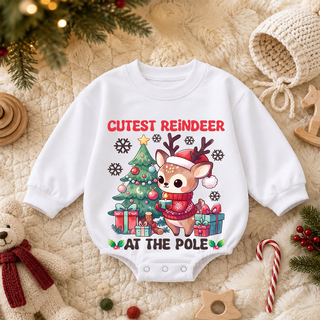 Cutest Reindeer Christmas Baby Romper, North Pole Reindeer Holiday Outfit, Cute Deer Toddler Christmas Romper, Festive Xmas Gift — product view 3