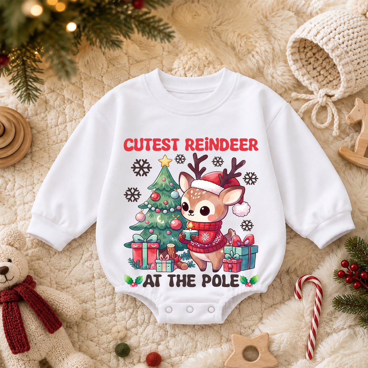 Cutest Reindeer Christmas Baby Romper, North Pole Reindeer Holiday Outfit, Cute Deer Toddler Christmas Romper, Festive Xmas Gift — product view 3