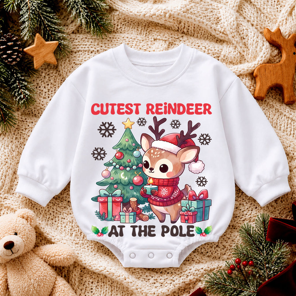 Cutest Reindeer Christmas Baby Romper, North Pole Reindeer Holiday Outfit, Cute Deer Toddler Christmas Romper, Festive Xmas Gift — product view 4