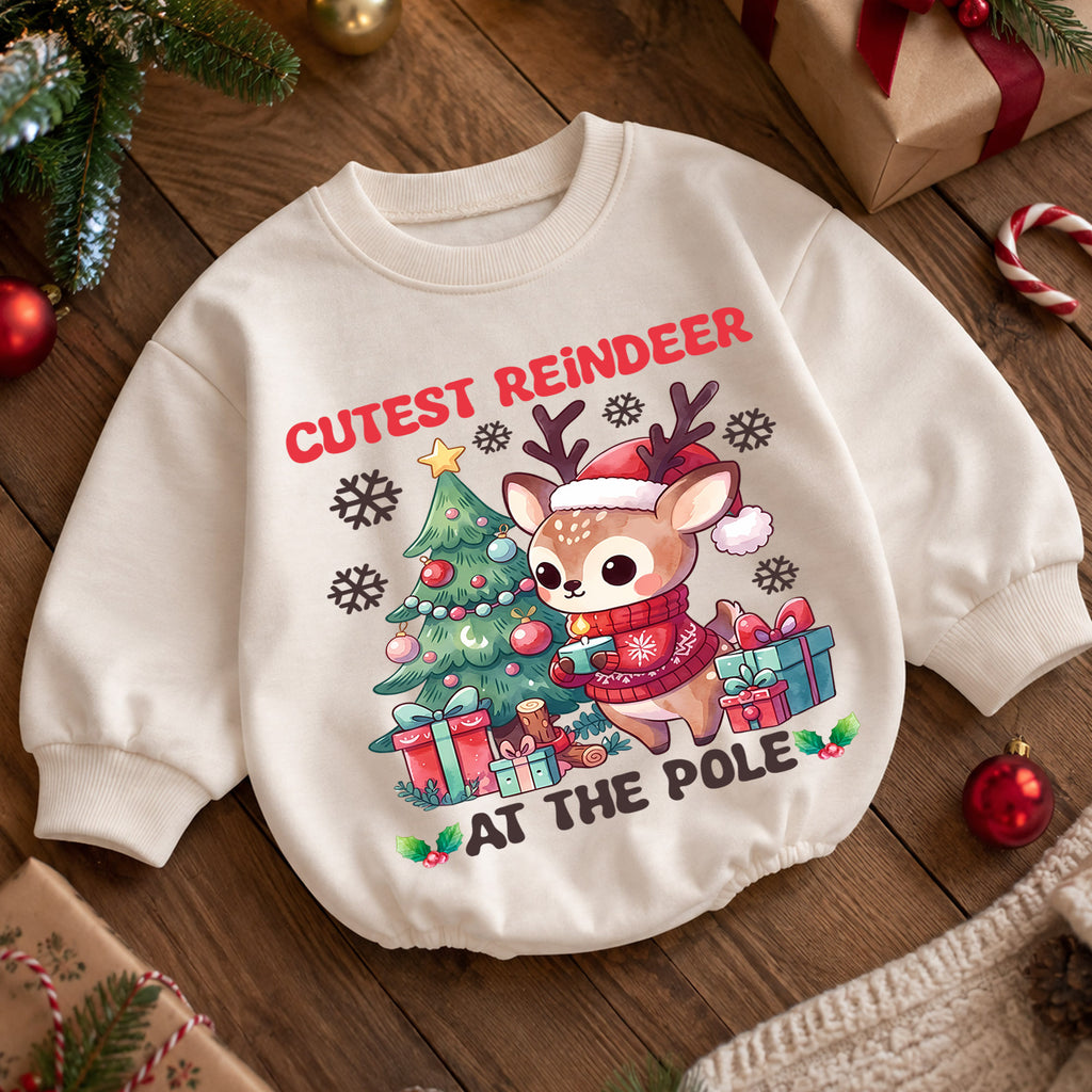 Cutest Reindeer Christmas Baby Romper, North Pole Reindeer Holiday Outfit, Cute Deer Toddler Christmas Romper, Festive Xmas Gift — product view 5