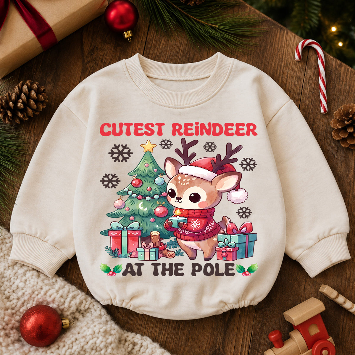 Cutest Reindeer Christmas Baby Romper, North Pole Reindeer Holiday Outfit, Cute Deer Toddler Christmas Romper, Festive Xmas Gift — product view 6