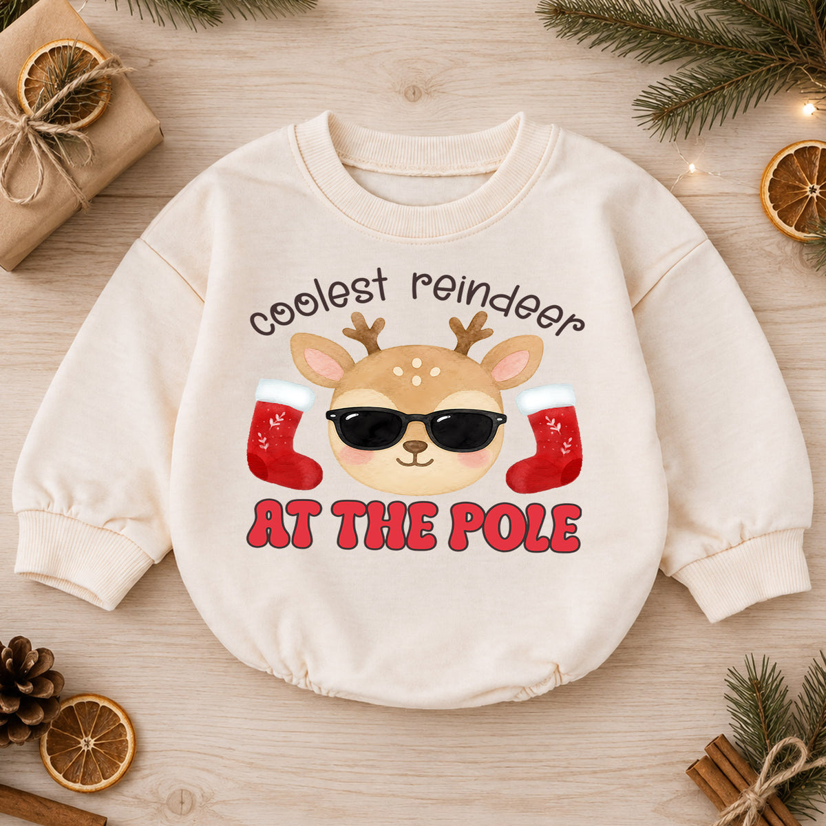 Christmas Reindeer Baby Romper, Coolest Reindeer at the Pole Outfit, Funny Holiday Romper, Cute Toddler Christmas Gift — product view 1