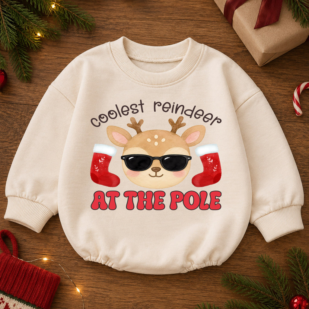 Christmas Reindeer Baby Romper, Coolest Reindeer at the Pole Outfit, Funny Holiday Romper, Cute Toddler Christmas Gift — product view 2