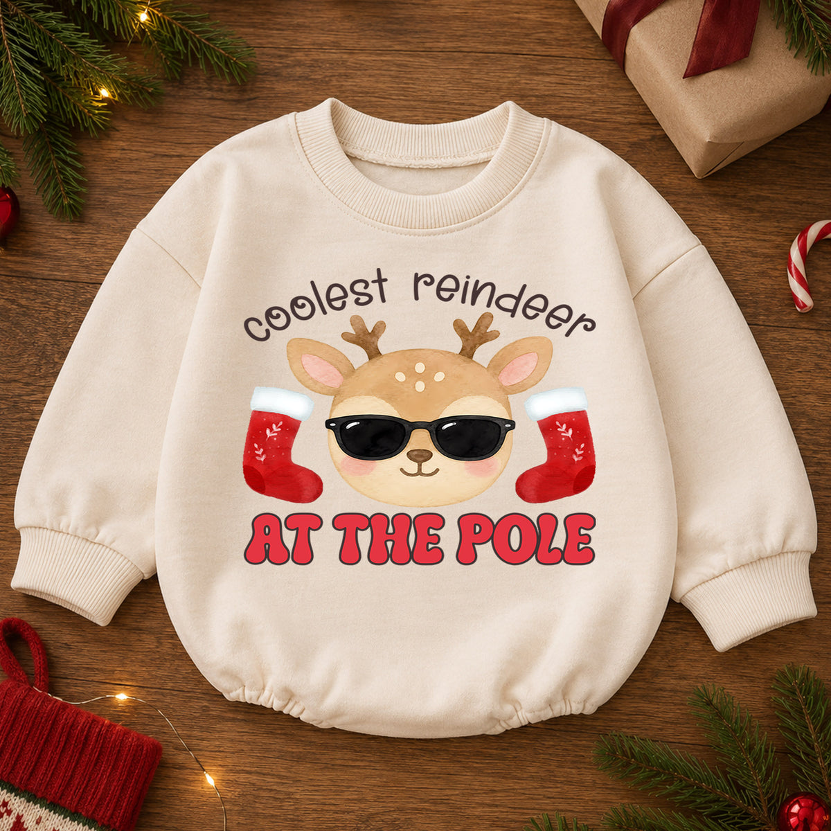 Christmas Reindeer Baby Romper, Coolest Reindeer at the Pole Outfit, Funny Holiday Romper, Cute Toddler Christmas Gift — product view 2