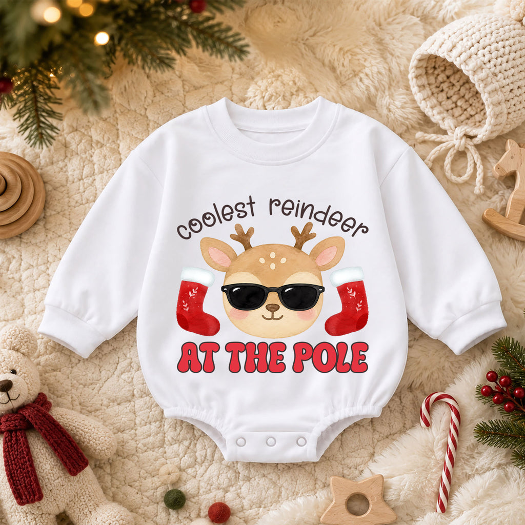 Christmas Reindeer Baby Romper, Coolest Reindeer at the Pole Outfit, Funny Holiday Romper, Cute Toddler Christmas Gift — product view 3
