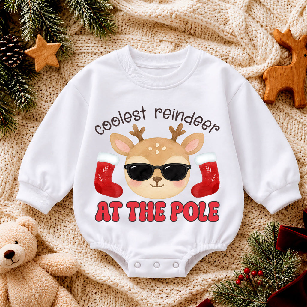 Christmas Reindeer Baby Romper, Coolest Reindeer at the Pole Outfit, Funny Holiday Romper, Cute Toddler Christmas Gift — product view 4
