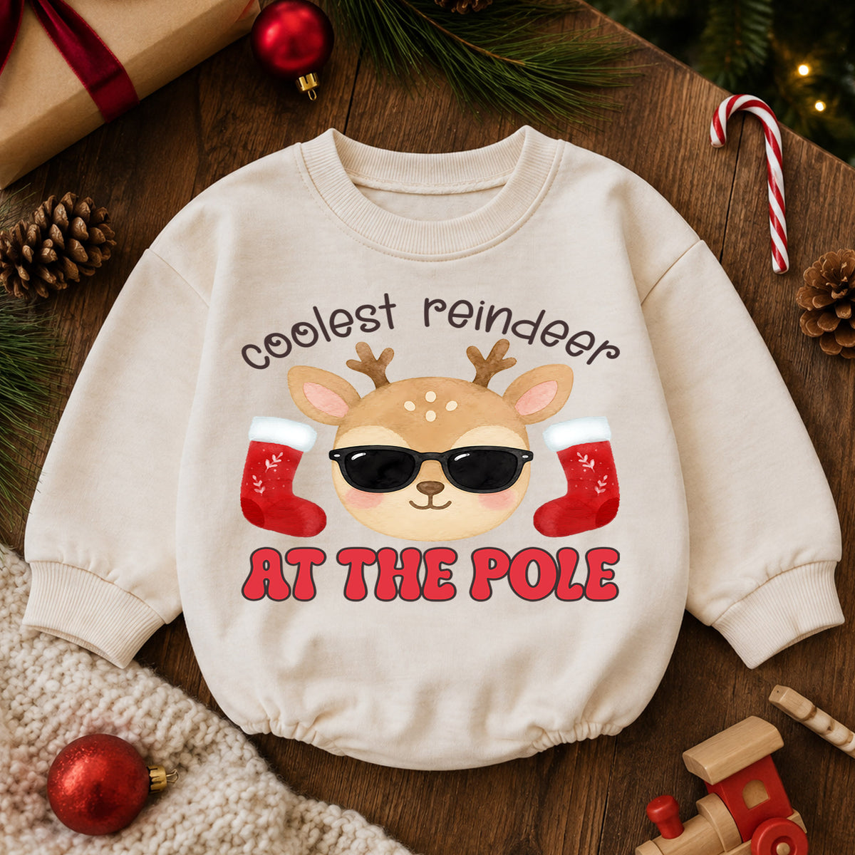 Christmas Reindeer Baby Romper, Coolest Reindeer at the Pole Outfit, Funny Holiday Romper, Cute Toddler Christmas Gift — product view 6