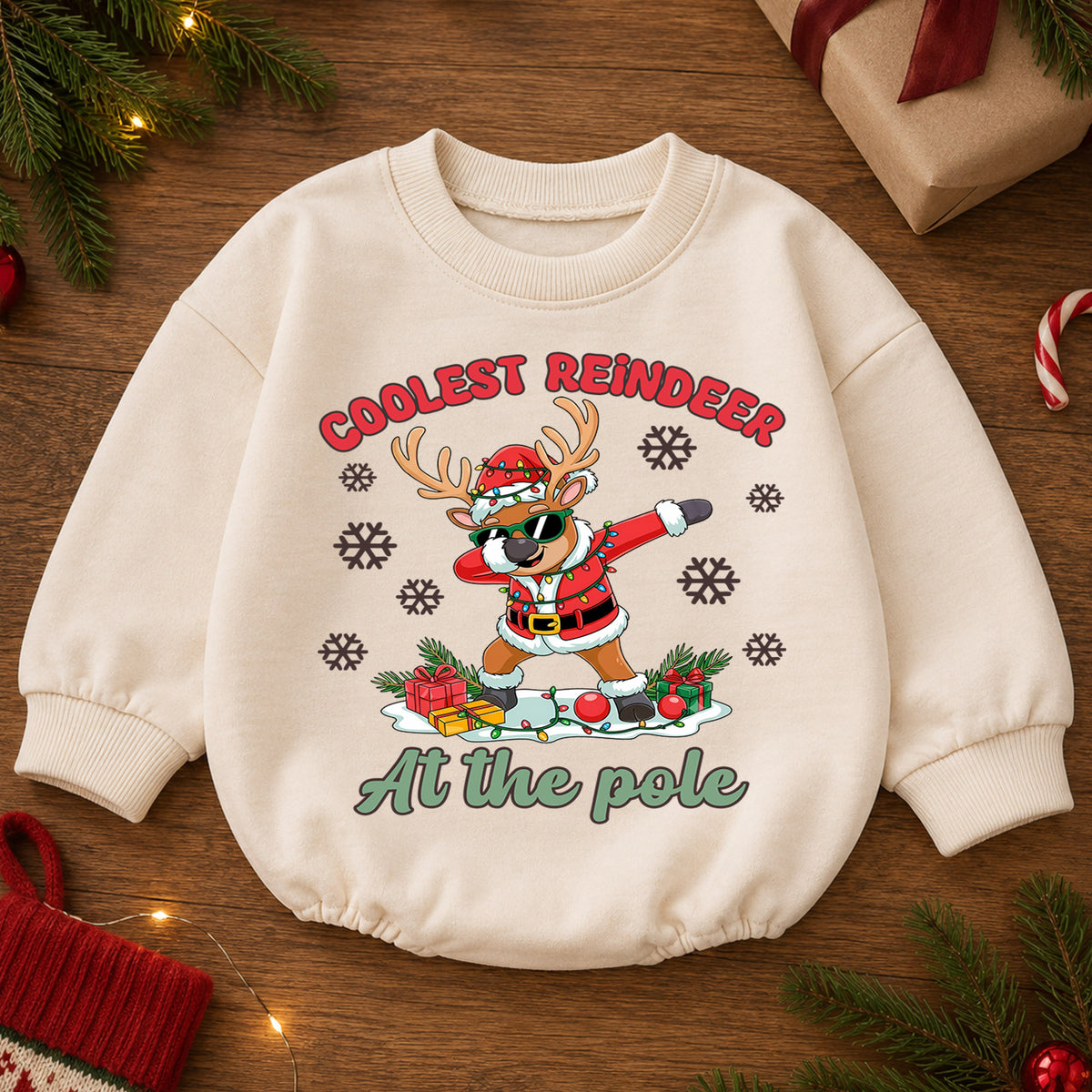 Coolest Reindeer Christmas Romper, North Pole Reindeer Baby Romper, Funny Toddler Holiday Romper, Christmas Outfit Gift — product view 2