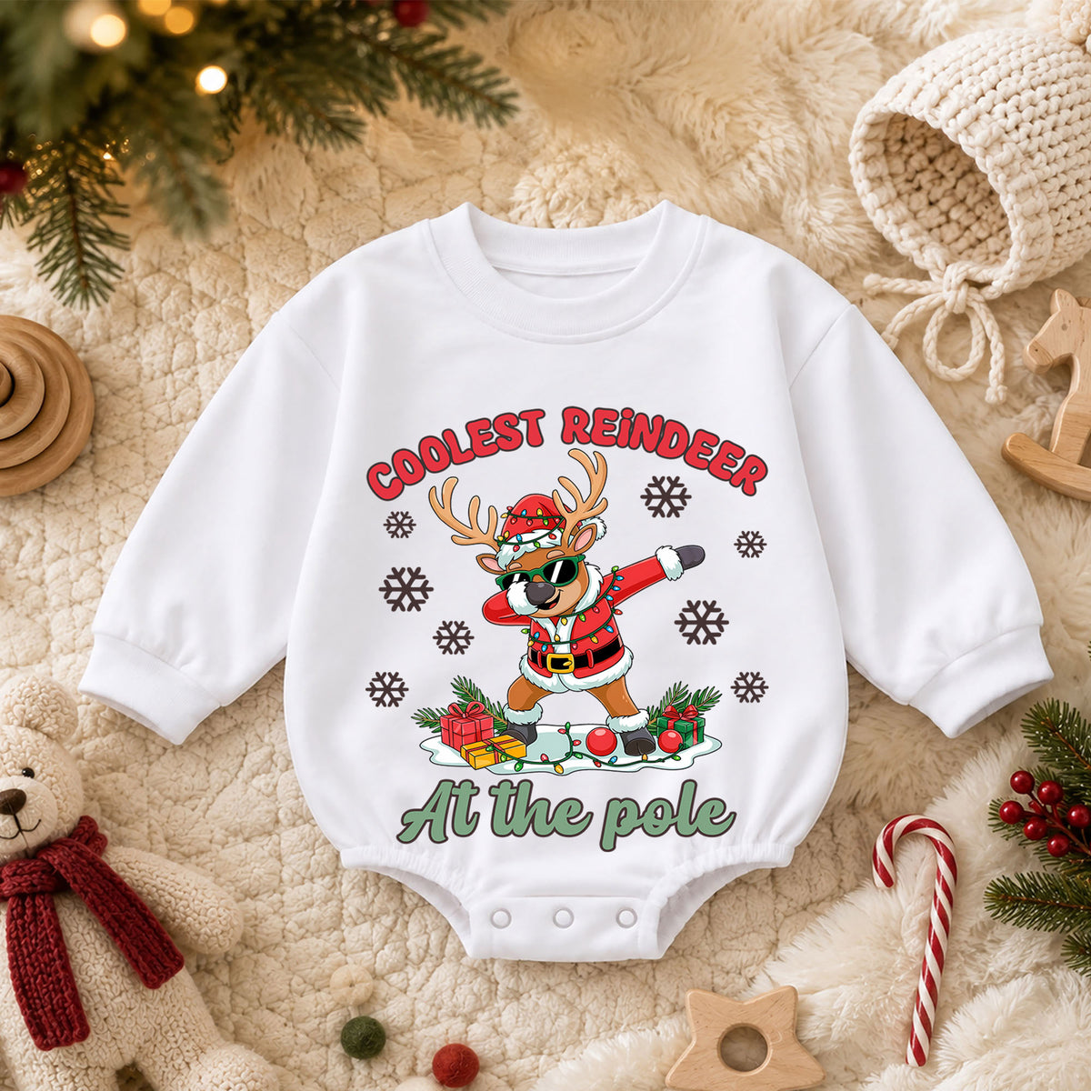 Coolest Reindeer Christmas Romper, North Pole Reindeer Baby Romper, Funny Toddler Holiday Romper, Christmas Outfit Gift — product view 3