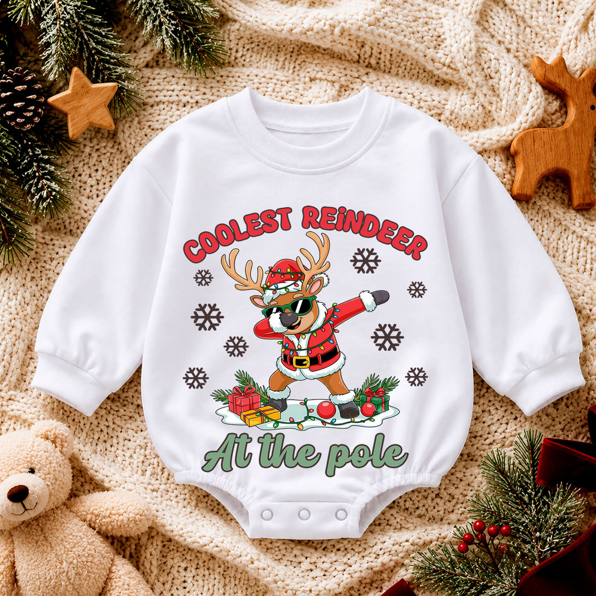 Coolest Reindeer Christmas Romper, North Pole Reindeer Baby Romper, Funny Toddler Holiday Romper, Christmas Outfit Gift — product view 4