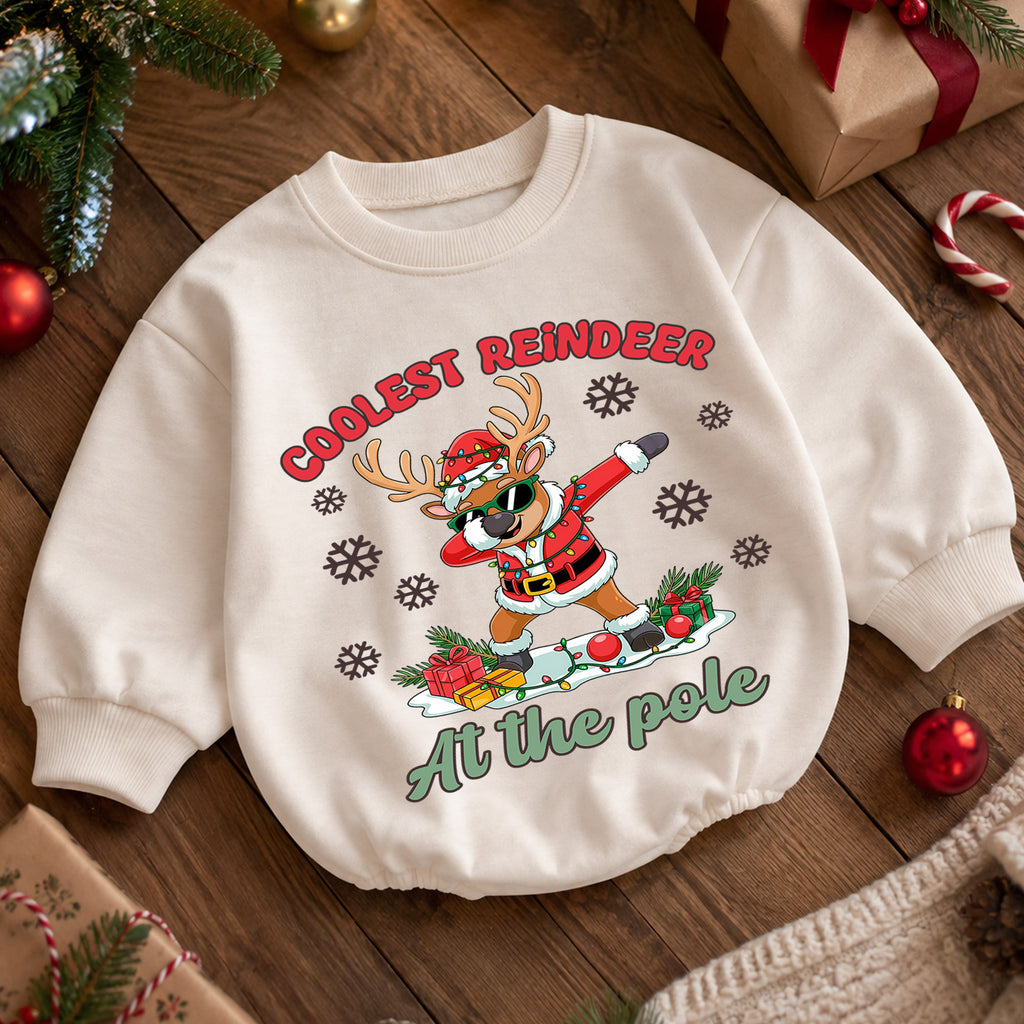 Coolest Reindeer Christmas Romper, North Pole Reindeer Baby Romper, Funny Toddler Holiday Romper, Christmas Outfit Gift — product view 5