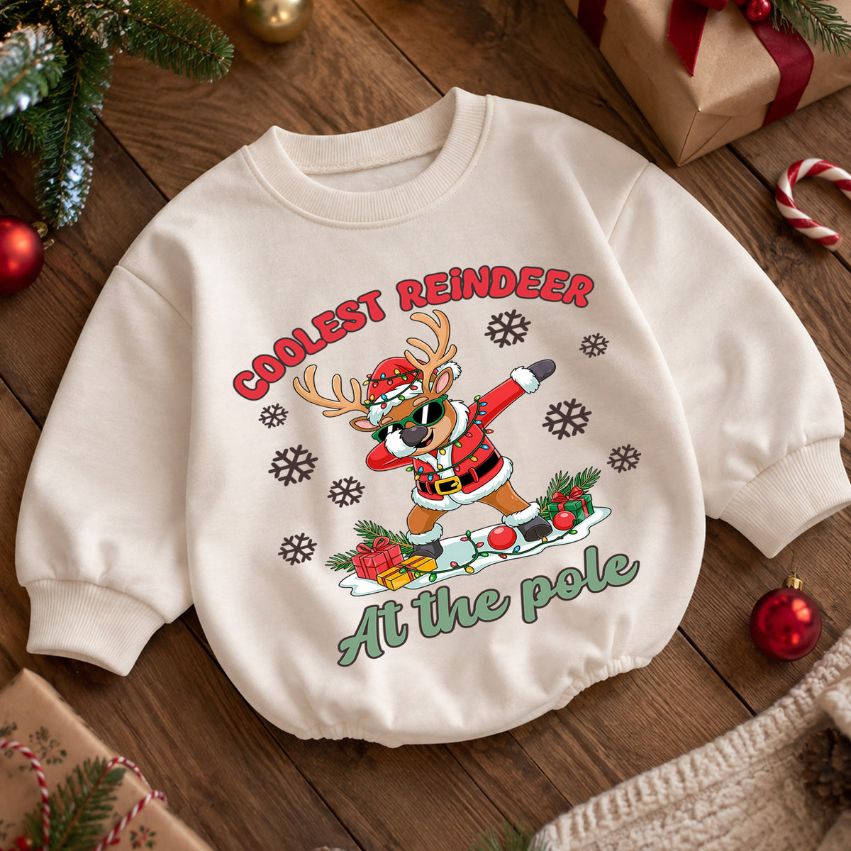 Coolest Reindeer Christmas Romper, North Pole Reindeer Baby Romper, Funny Toddler Holiday Romper, Christmas Outfit Gift — product view 5