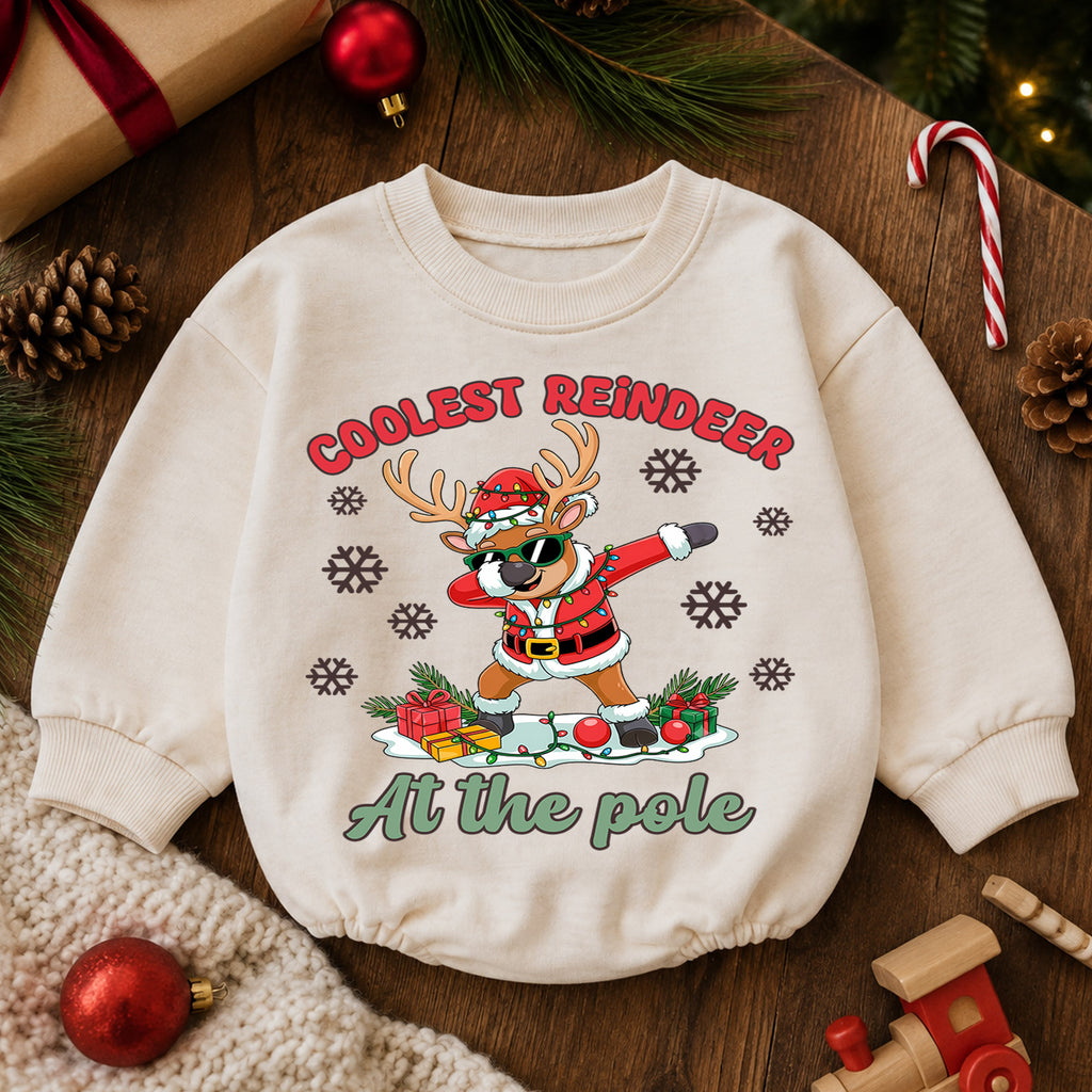 Coolest Reindeer Christmas Romper, North Pole Reindeer Baby Romper, Funny Toddler Holiday Romper, Christmas Outfit Gift — product view 6