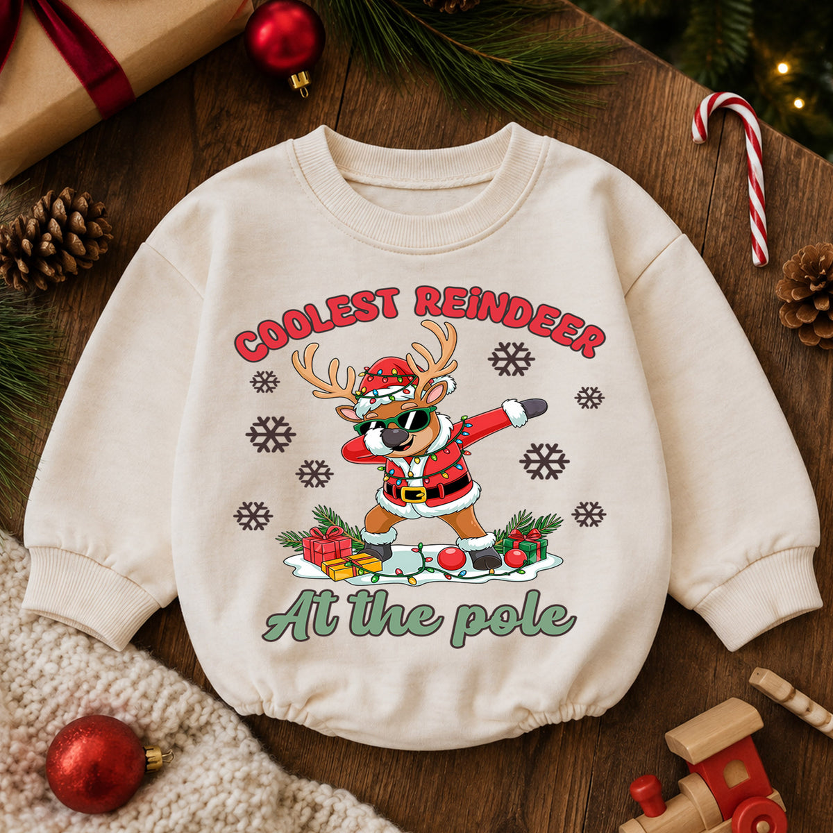 Coolest Reindeer Christmas Romper, North Pole Reindeer Baby Romper, Funny Toddler Holiday Romper, Christmas Outfit Gift — product view 6