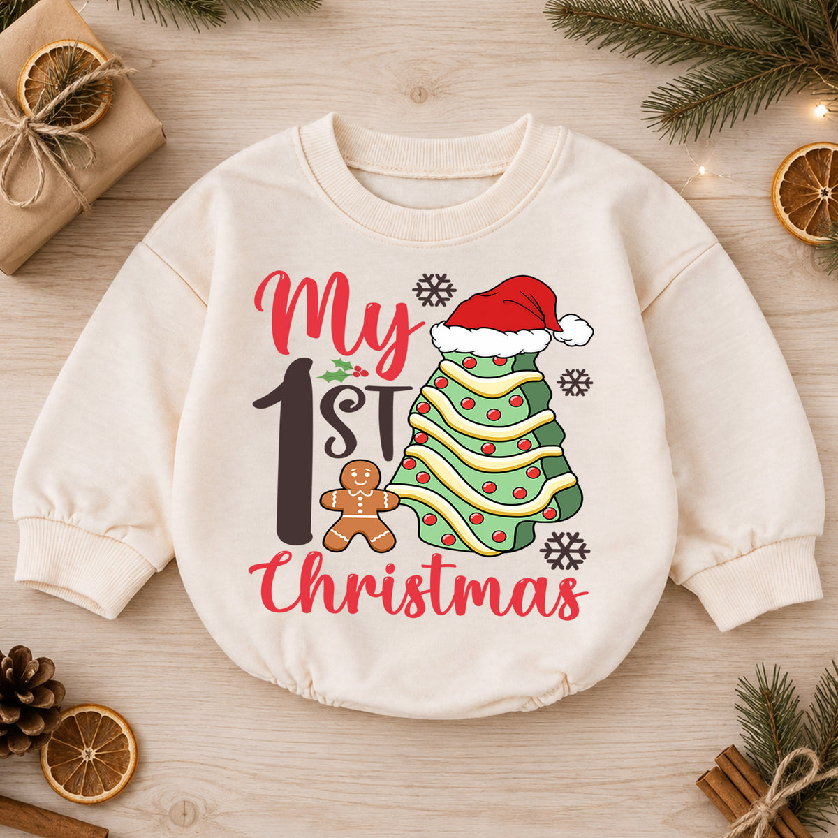 My 1st Christmas Baby Romper, Christmas Tree Cookie Romper, First Holiday Toddler Outfit, Baby Christmas Romper Gift — product view 1