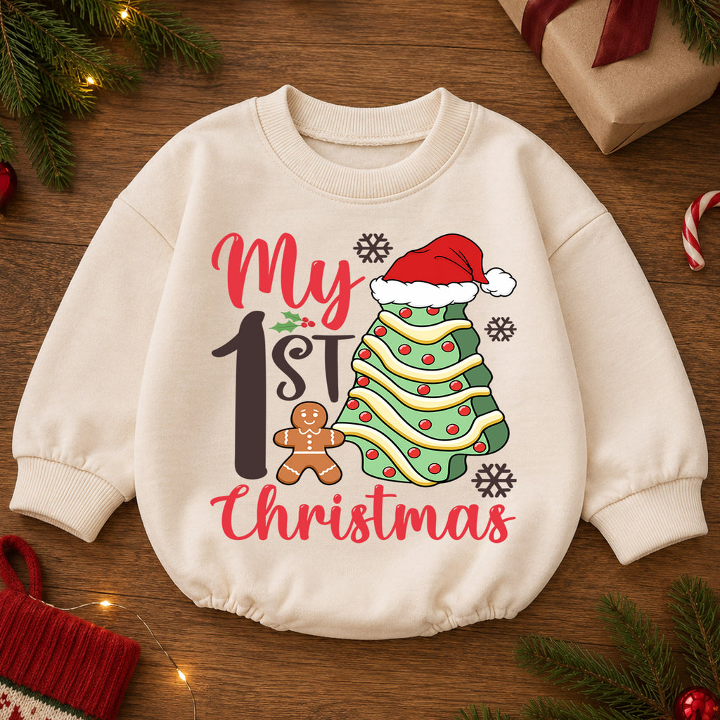 My 1st Christmas Baby Romper, Christmas Tree Cookie Romper, First Holiday Toddler Outfit, Baby Christmas Romper Gift — product view 2