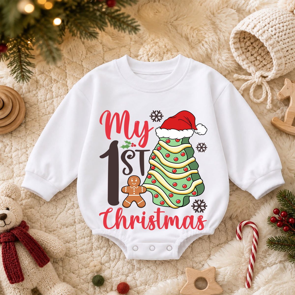 My 1st Christmas Baby Romper, Christmas Tree Cookie Romper, First Holiday Toddler Outfit, Baby Christmas Romper Gift — product view 3