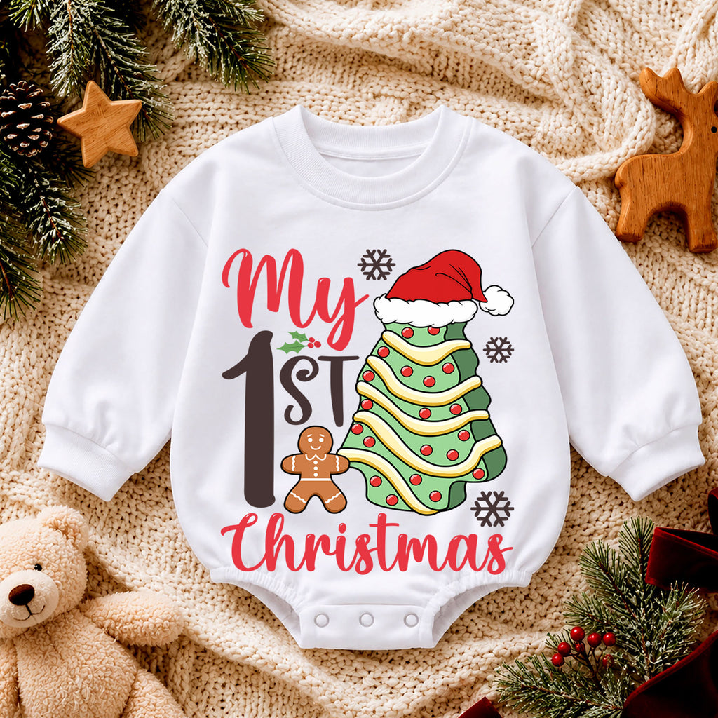 My 1st Christmas Baby Romper, Christmas Tree Cookie Romper, First Holiday Toddler Outfit, Baby Christmas Romper Gift — product view 4