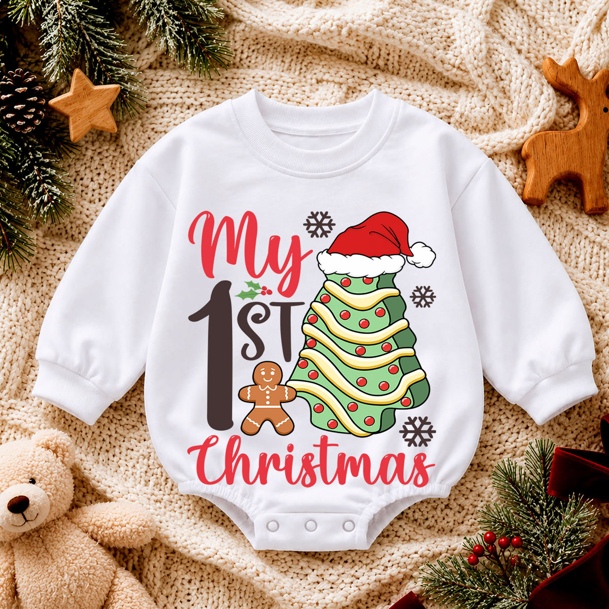 My 1st Christmas Baby Romper, Christmas Tree Cookie Romper, First Holiday Toddler Outfit, Baby Christmas Romper Gift — product view 4