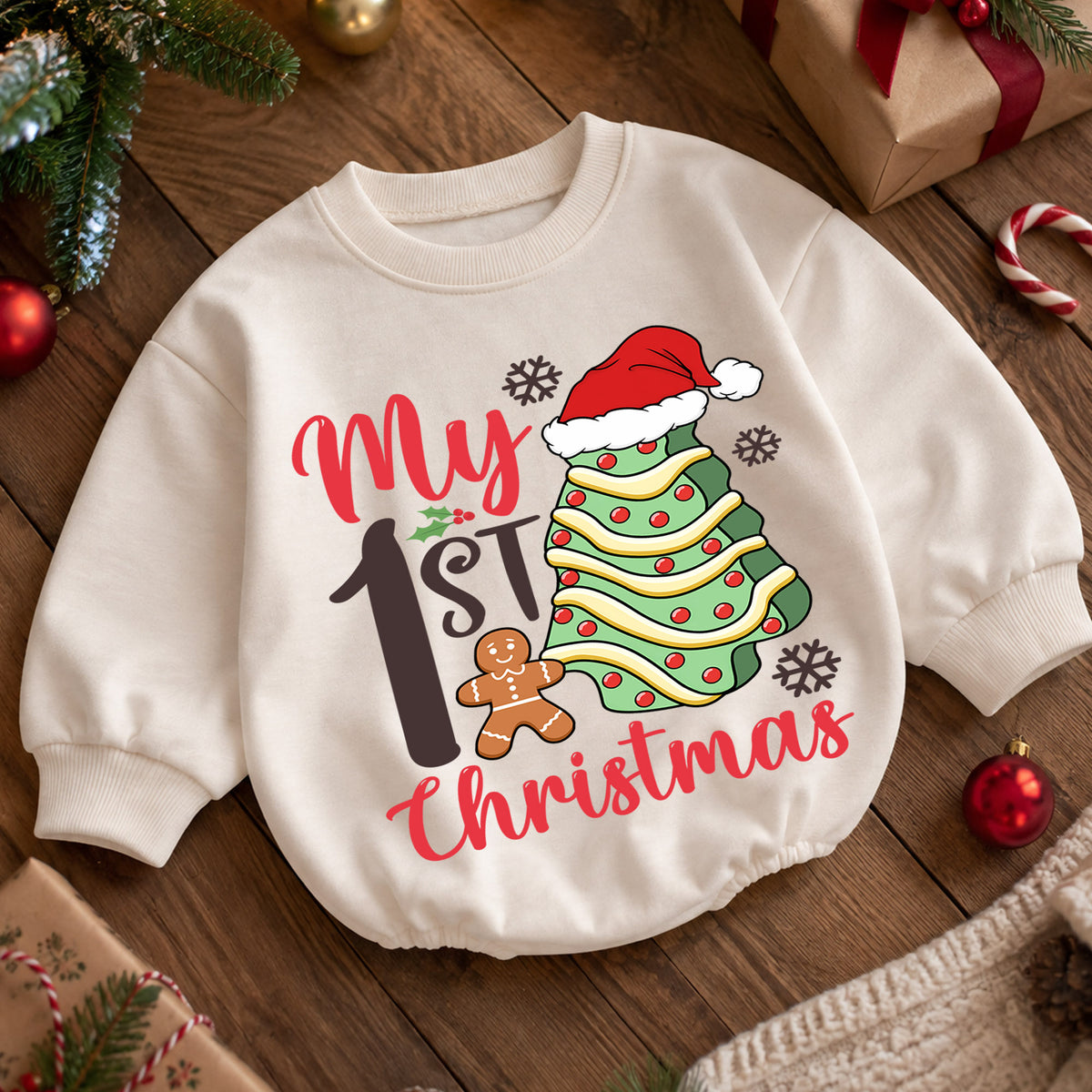 My 1st Christmas Baby Romper, Christmas Tree Cookie Romper, First Holiday Toddler Outfit, Baby Christmas Romper Gift — product view 5