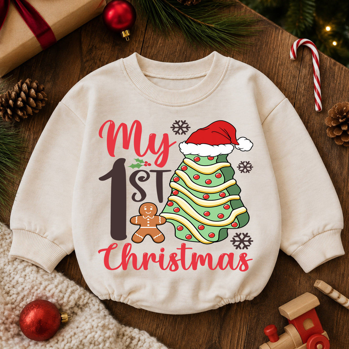 My 1st Christmas Baby Romper, Christmas Tree Cookie Romper, First Holiday Toddler Outfit, Baby Christmas Romper Gift — product view 6
