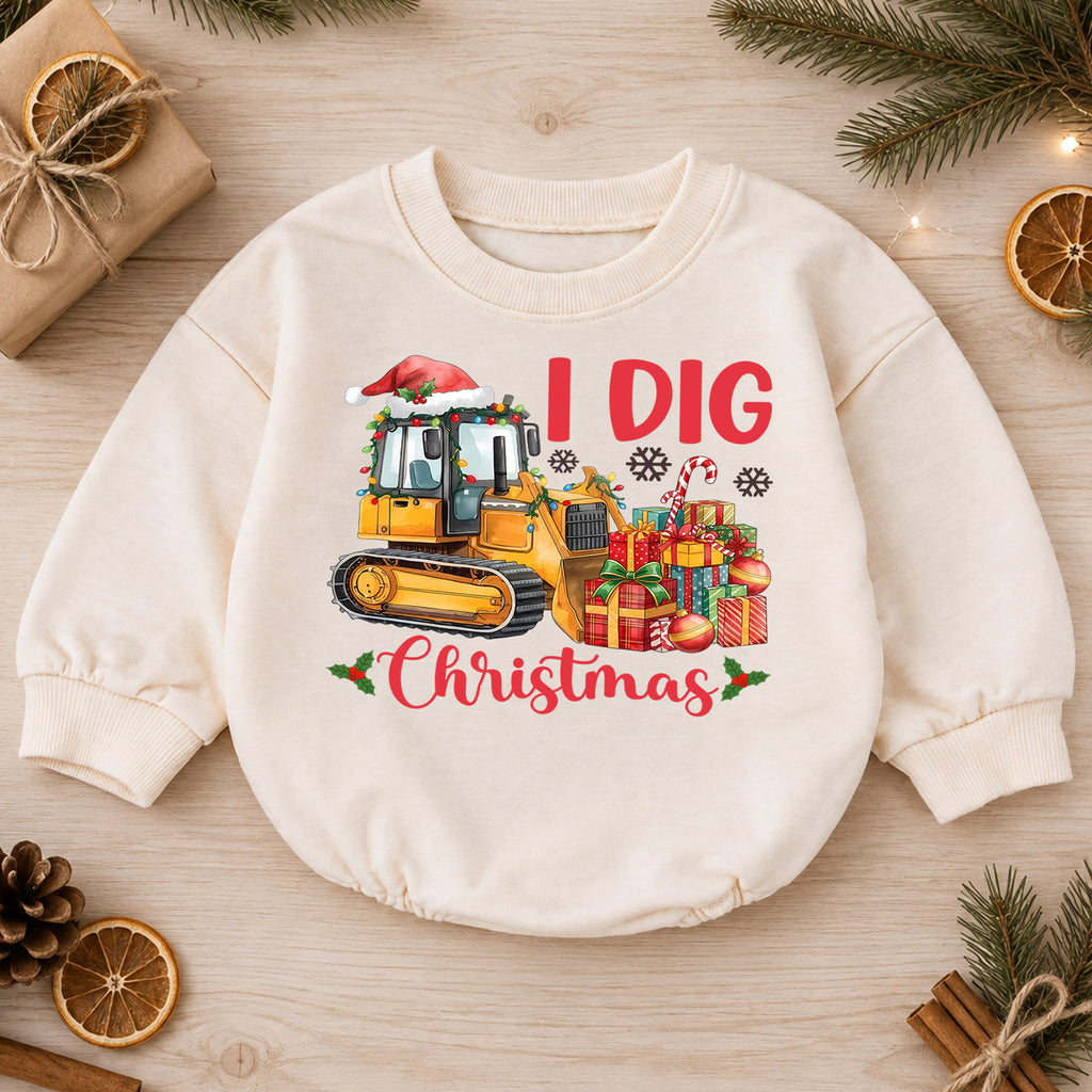 I Dig Christmas Bulldozer Baby Romper, 1st Construction Truck Holiday Outfit, Christmas Digger Romper, Excavator Xmas Gift for Boys — product view 1