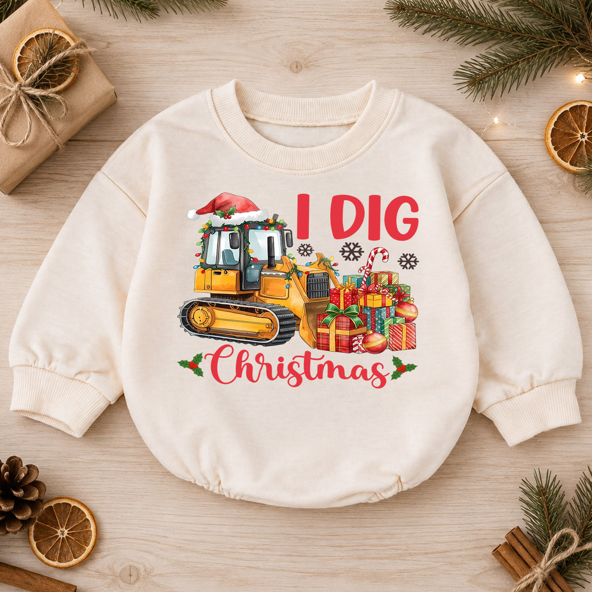 I Dig Christmas Bulldozer Baby Romper, 1st Construction Truck Holiday Outfit, Christmas Digger Romper, Excavator Xmas Gift for Boys — product view 1