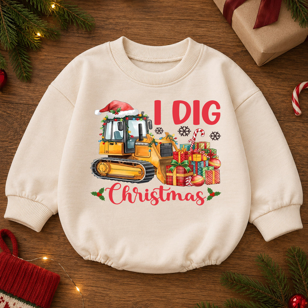 I Dig Christmas Bulldozer Baby Romper, 1st Construction Truck Holiday Outfit, Christmas Digger Romper, Excavator Xmas Gift for Boys — product view 2