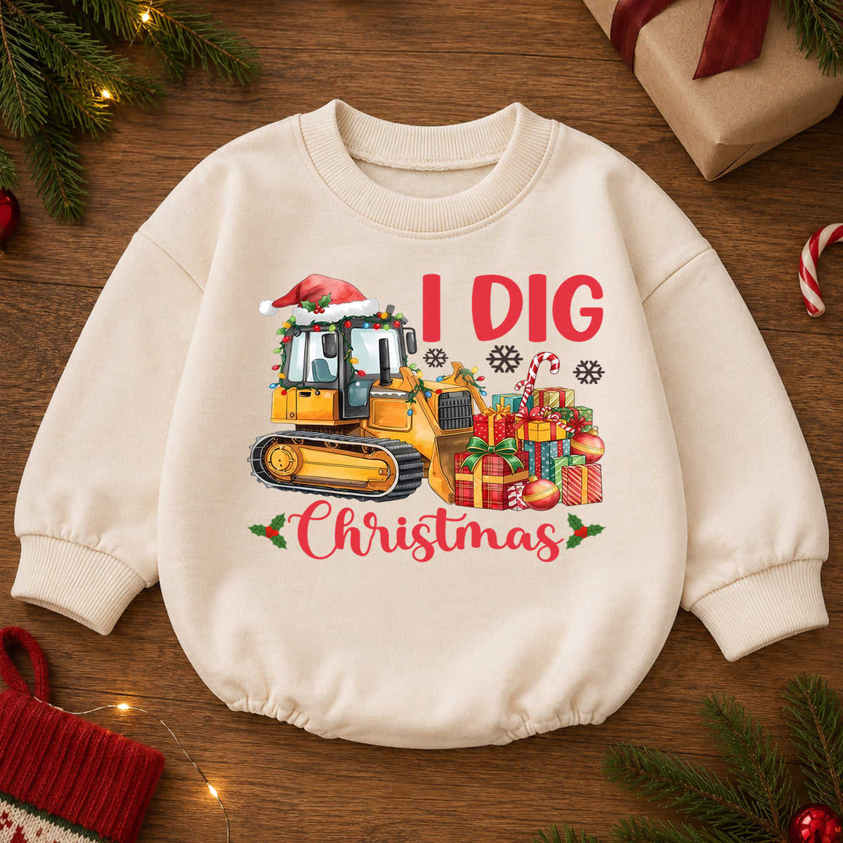 I Dig Christmas Bulldozer Baby Romper, 1st Construction Truck Holiday Outfit, Christmas Digger Romper, Excavator Xmas Gift for Boys — product view 2