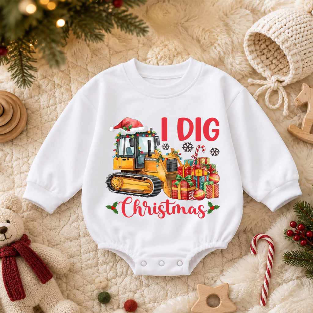 I Dig Christmas Bulldozer Baby Romper, 1st Construction Truck Holiday Outfit, Christmas Digger Romper, Excavator Xmas Gift for Boys — product view 3