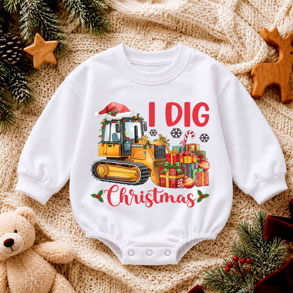 I Dig Christmas Bulldozer Baby Romper, 1st Construction Truck Holiday Outfit, Christmas Digger Romper, Excavator Xmas Gift for Boys — product view 4