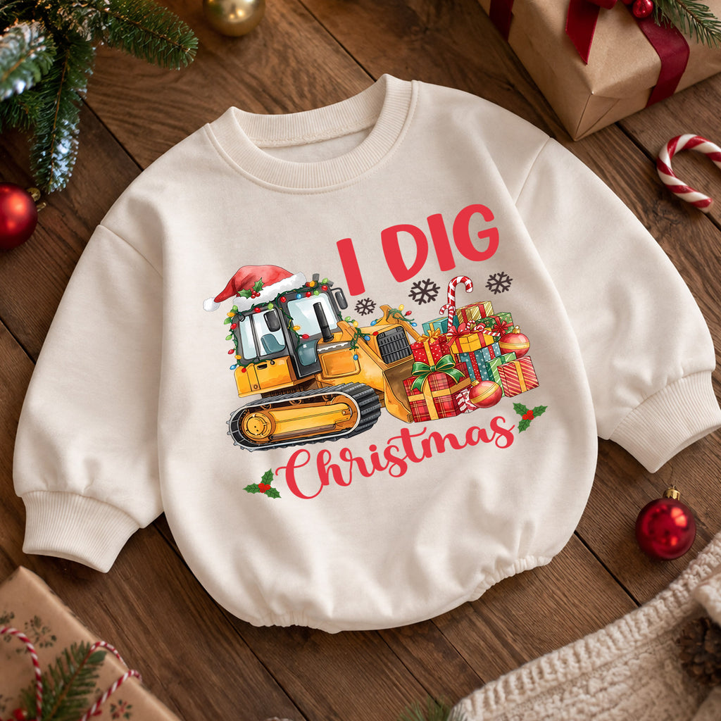 I Dig Christmas Bulldozer Baby Romper, 1st Construction Truck Holiday Outfit, Christmas Digger Romper, Excavator Xmas Gift for Boys — product view 5