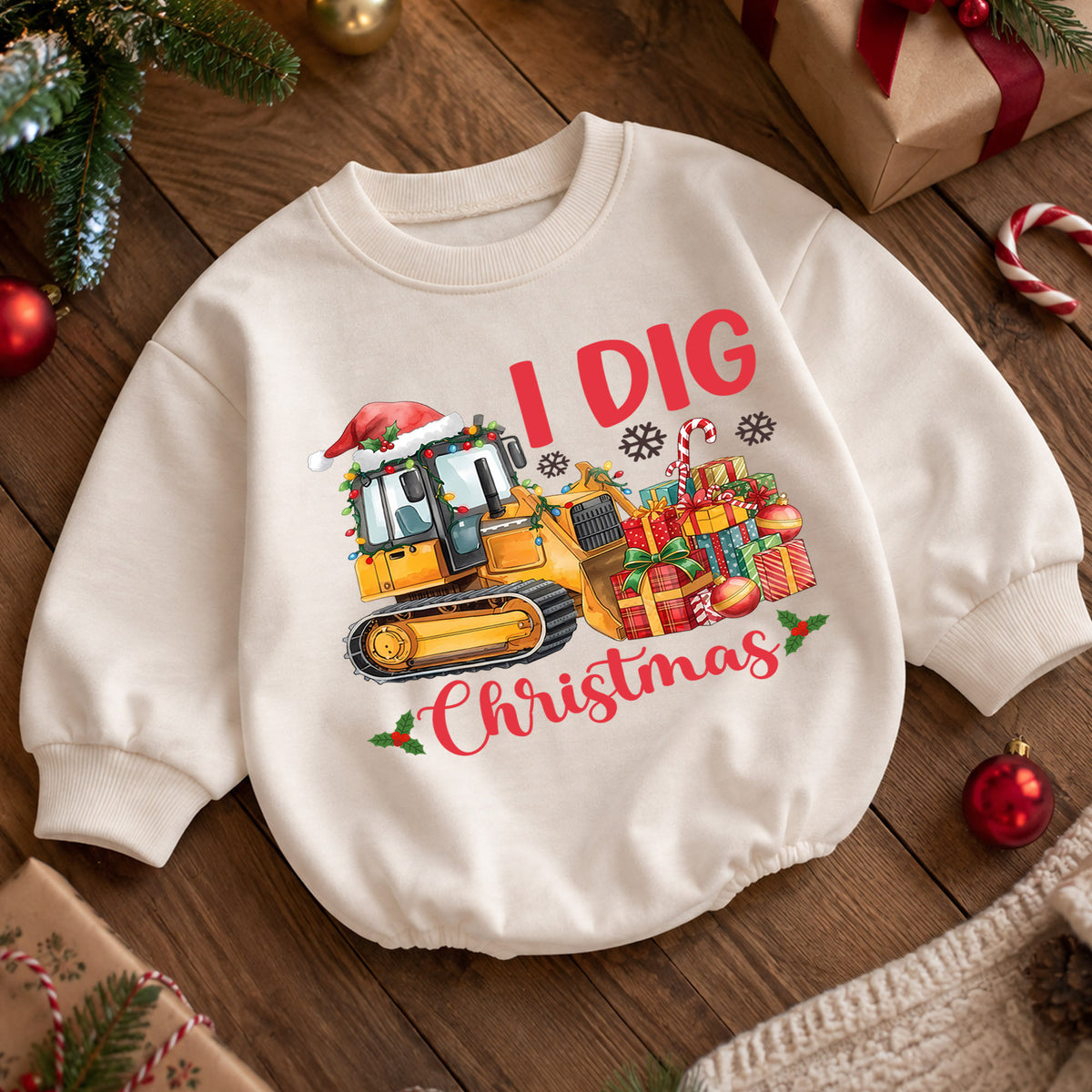 I Dig Christmas Bulldozer Baby Romper, 1st Construction Truck Holiday Outfit, Christmas Digger Romper, Excavator Xmas Gift for Boys — product view 5